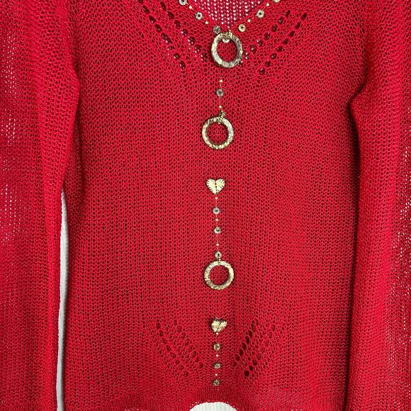 BCBGMAXAZRIA Red Y2K Beaded Open Weave Sweater L Boho Coquette Knit - Picture 4 of 7